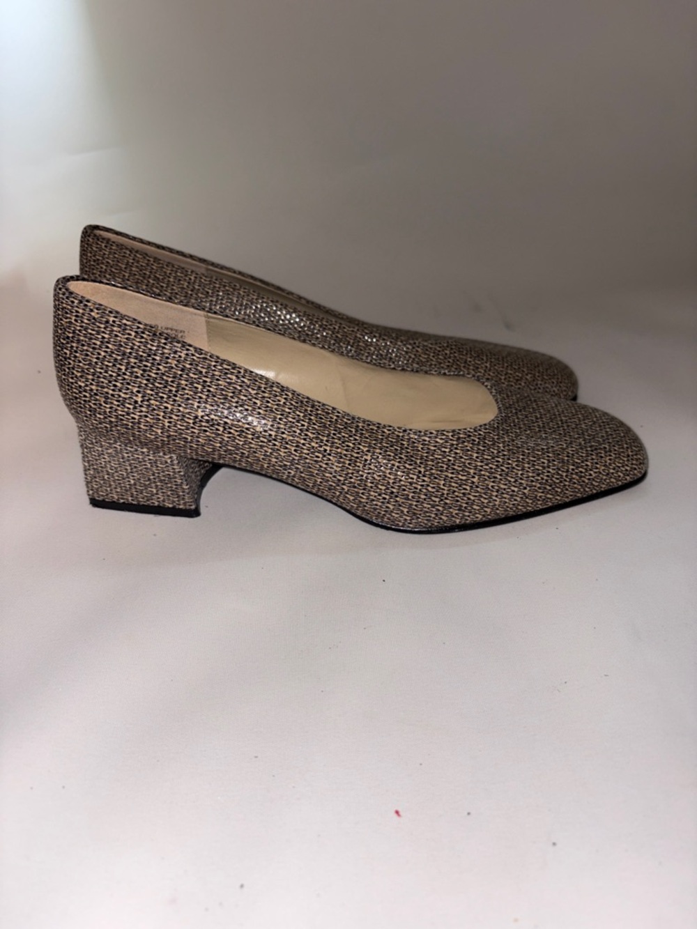 Etienne Aigner Tan/Brown Textured Low Block Heel Pumps